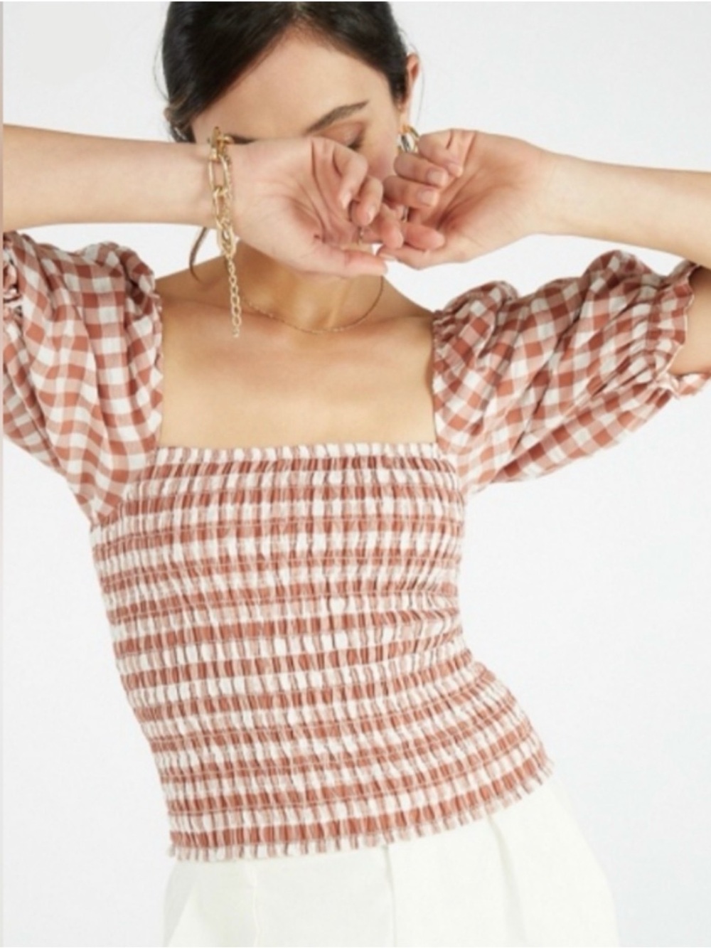 JustFab Gingham Smocking Top Size Large Potter's Clay Multi
